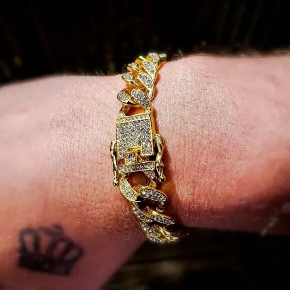 Gold Iced out 12mm Hip Hop Cuban Bracelet - Picture 3 of 3